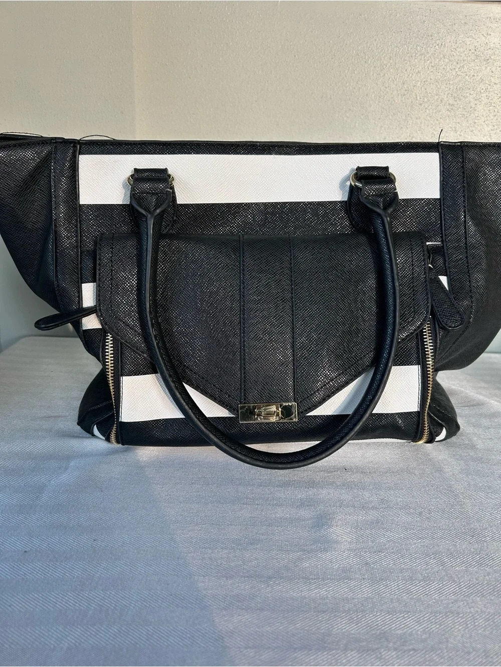 Black and White Structured Stripe Tote Shoulder Bag